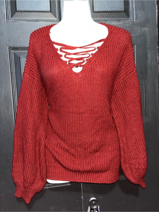 Pink Rose Sweaters - Women’s Pink Rose Lace-Up V-Neck Knit Sweater – Burgundy Red (Size Medium) ✨